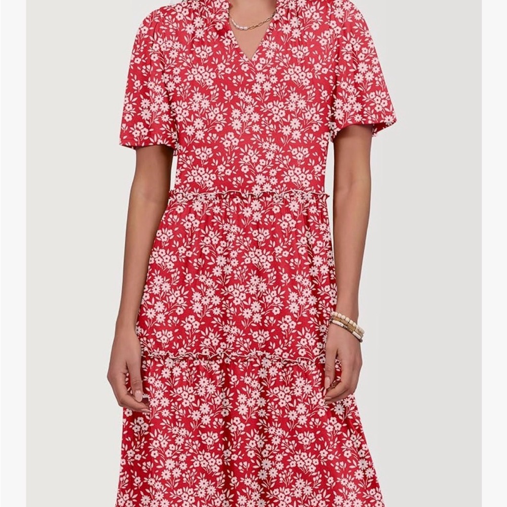 Red Floral Print V-Neck Midi Dress - Picture 2 of 10